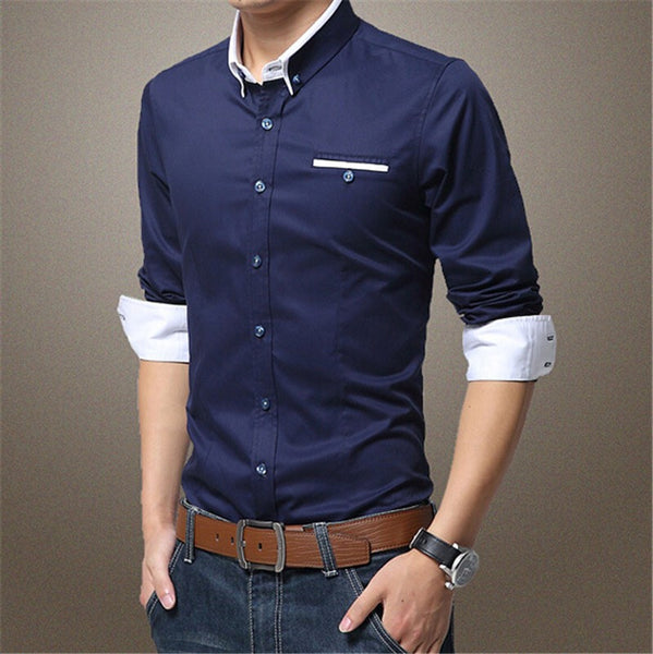 Men's Patchwork Slim Fit 100% Cotton Shirts - Diamond Blue