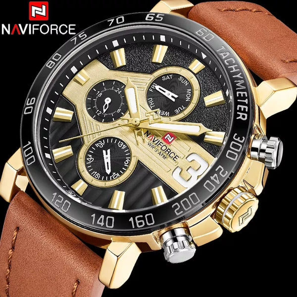 Men's Formal 9137 Naviforce Watch With Genuine Leather Band  - Brown Gold