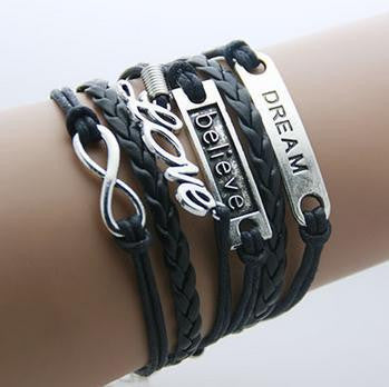Leather Infinity Bracelets - Love Believe Dream
