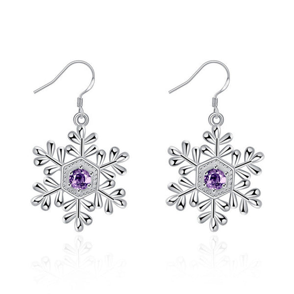 Snow Flower Purple Stone Drop Hook Earrings