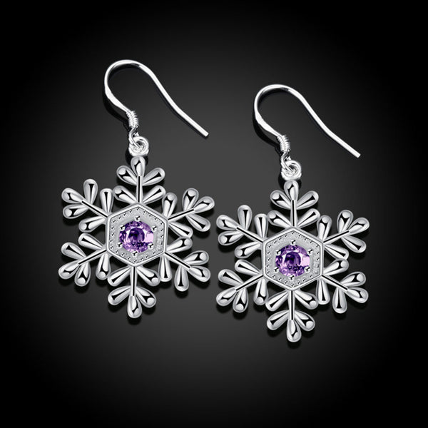 Snow Flower Purple Stone Drop Hook Earrings