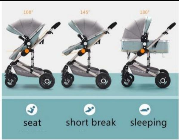 Baby Pram Stroller - 2 Positions Foldable Baby Pram - Grey/Green