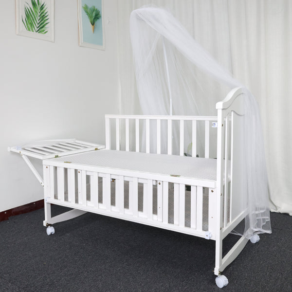 Solid Wood Baby Crib Cot with FREE Mattress - Model 716 - White