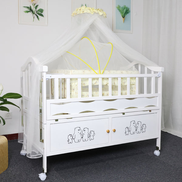 Solid Wood Store-me Baby Crib Cot with FREE Mattress- White- Model 209
