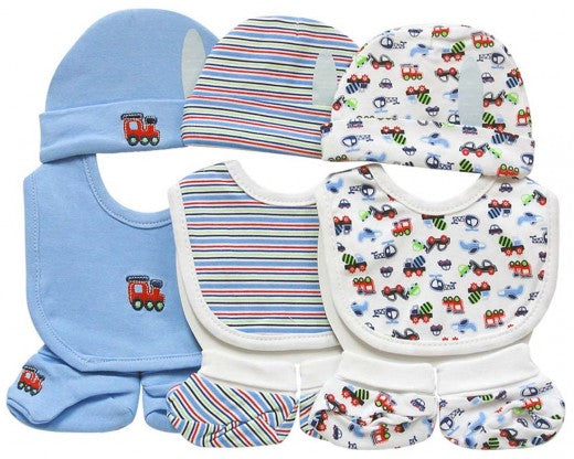 9PC Beanie and Booties and Bibs (0-6 months) - Blue