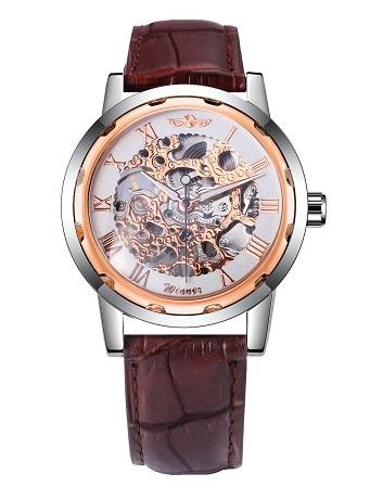 Automatic Skeleton Mechanical Watches - Brown Leather Band - Rose Gold White