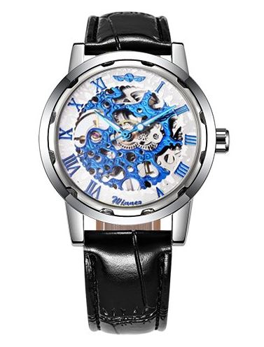 Automatic Skeleton Mechanical Watches - Black Leather Band - White Blue