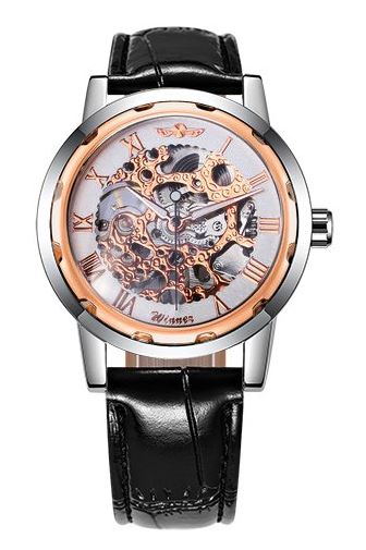 Automatic Skeleton Mechanical Watches - Black Leather Band - Rose Gold White