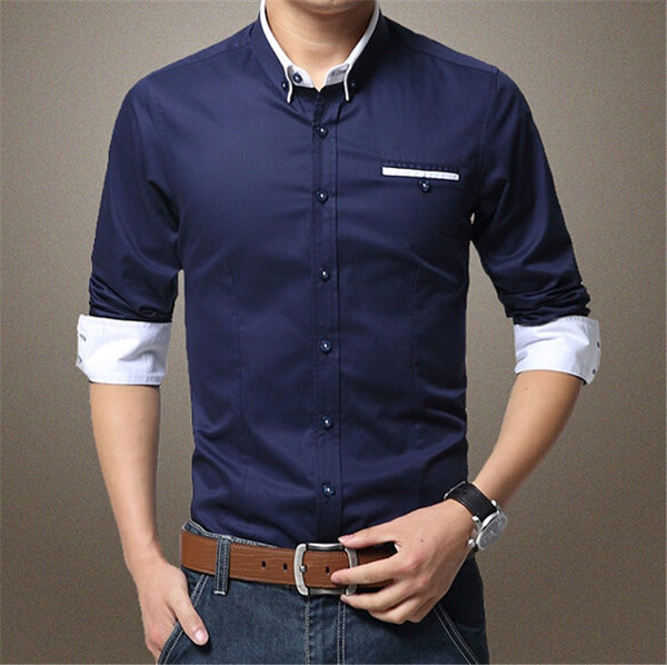 Men's Patchwork Slim Fit 100% Cotton Shirts - Diamond Blue