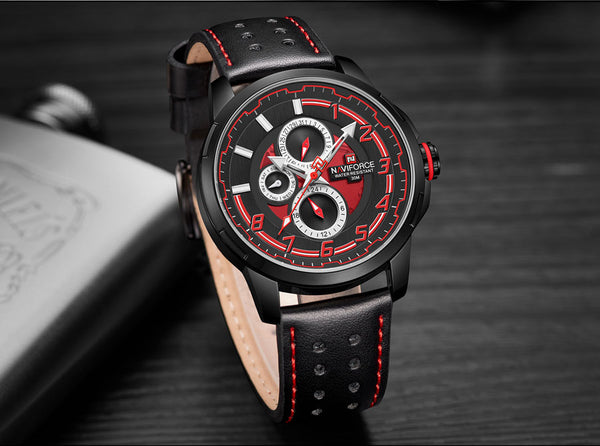 Men's Formal 9142 Naviforce Watch With Genuine Leather Band  - Red Black
