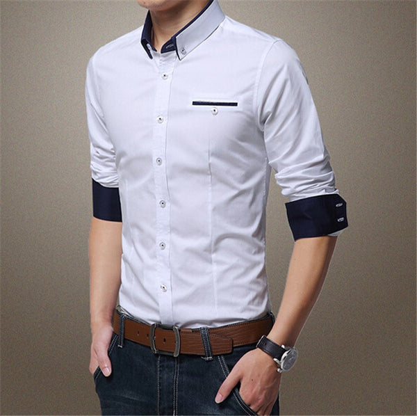 Men's Patchwork Slim Fit 100% Cotton Shirts - White