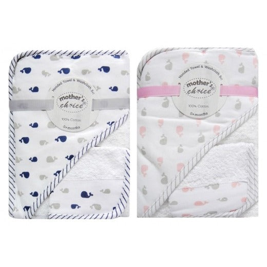 100% COTTON HOODED TOWEL & FACECLOTH SET "WHALES"