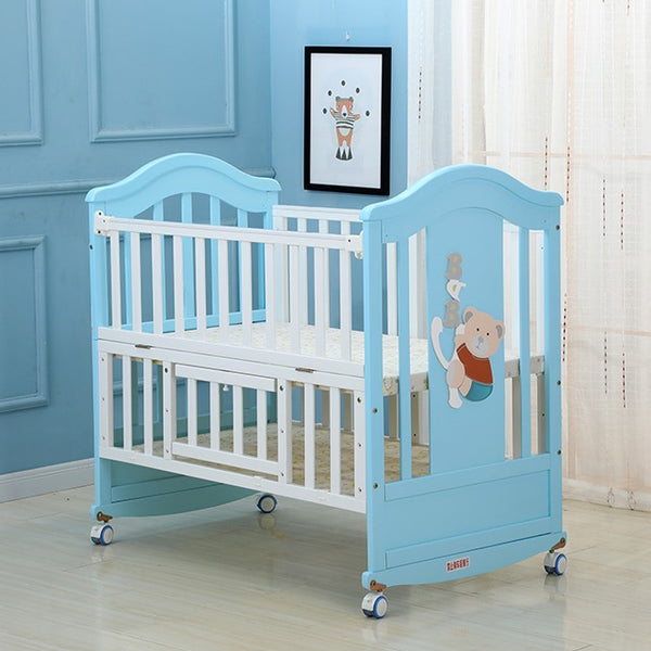 Solid Wood Baby Crib Cot with Matress - Model 230 - White Blue
