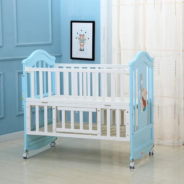 Solid Wood Baby Crib Cot With Bedding- Model 230 - White Blue