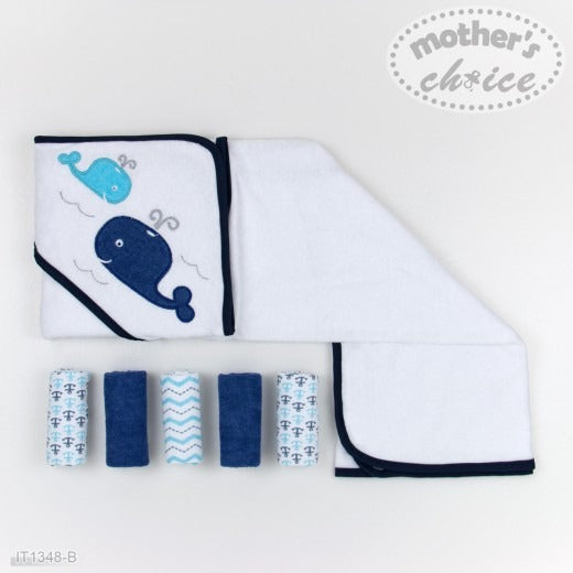 HOODED TOWEL WITH 5 FACECLOTHS 'WHALE'