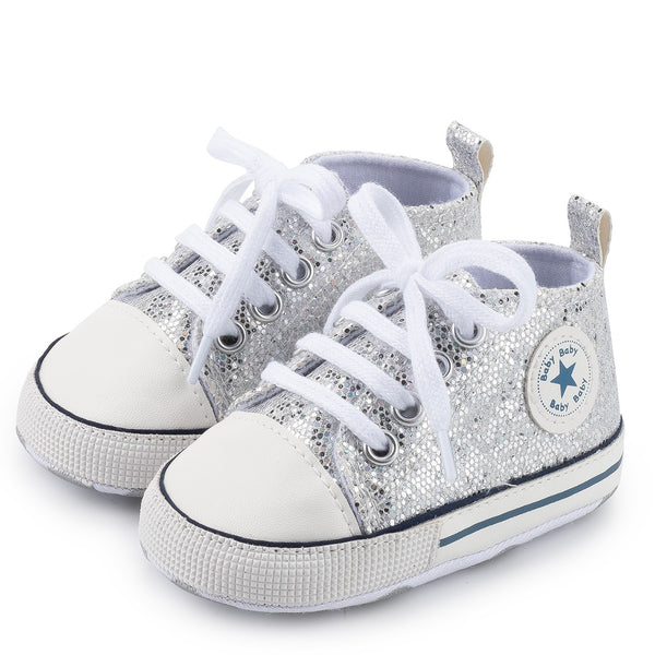 Infants Anti-slip Soft Sole Bling Canvas Sneakers - Silver
