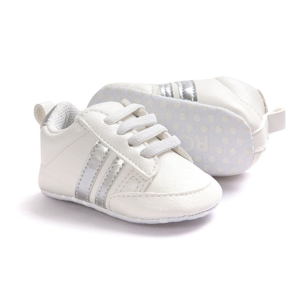 Infants Anti-slip Soft sole Sneakers - White with Silver Edge