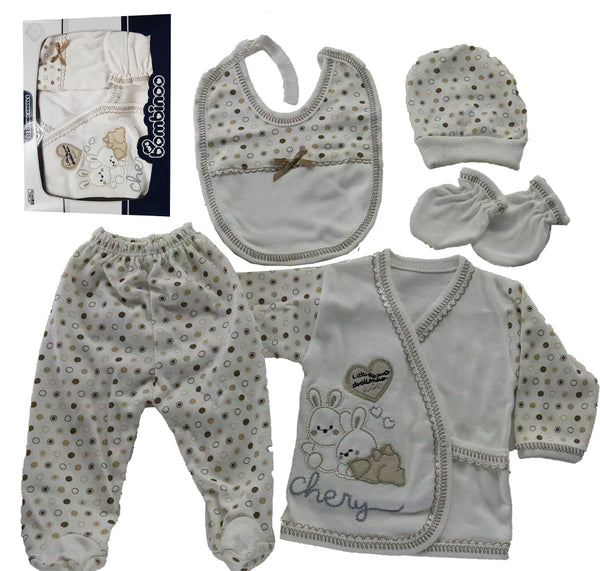 INFANT 5PC LAYETTE GIFT SET BEIGE 'BUNNY'