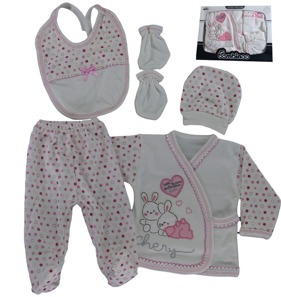 INFANT 5PC LAYETTE GIFT SET PINK 'BUNNY'