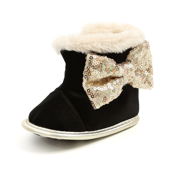 Infants Anti-slip Winter Flannel Bowknot Boot - Black