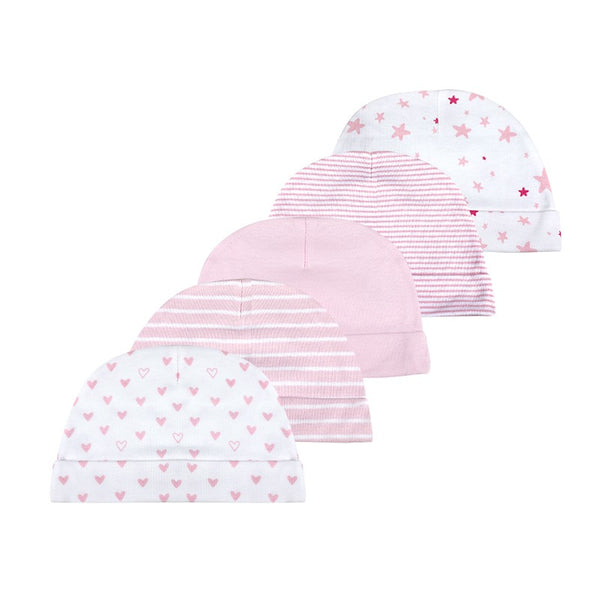 100% COTTON 5PC BABY HAT SETS - STARS AND HEARTS PINK