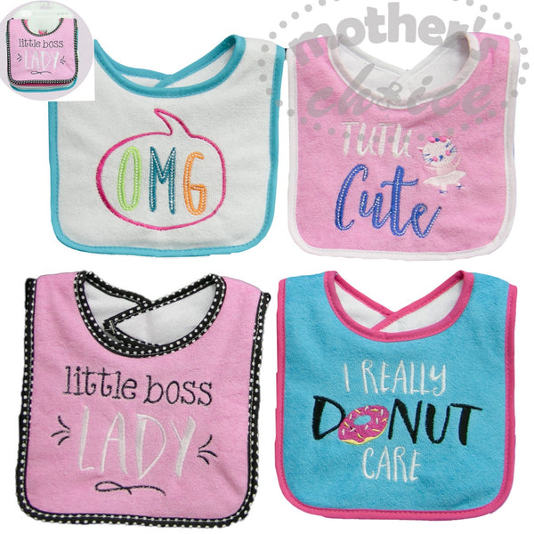 BABY 4 PACK EMBROIDED DRIBBLE PROOF BIB - LITTLE BOSS LADY