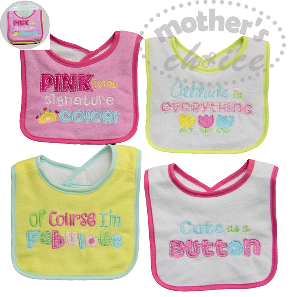 BABY 4 PACK EMBROIDED DRIBBLE PROOF BIB - PINK IS MY SIGNATURE COLOUR