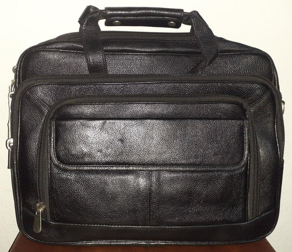 Genuine Indian Buffalo Leather Laptop Bag with Extender - Black