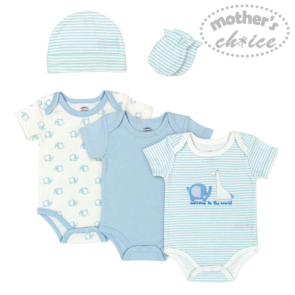BABY 100% COTTON 5PC ROMPER BODYSUIT SET -  WELCOME TO THE WORLD BLUE