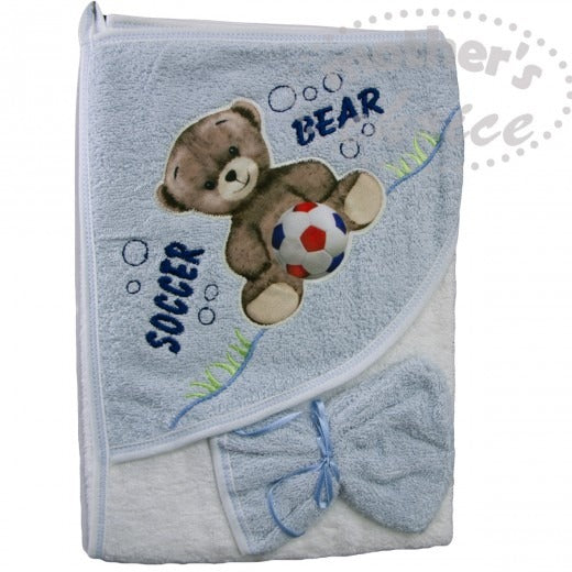 100% COTTON INFANTS HOODED TOWEL & FACECLOTH 'SOCCER BEAR'