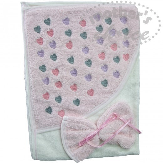 100% COTTON INFANTS HOODED TOWEL & FACECLOTH 'MULTI HEARTS'