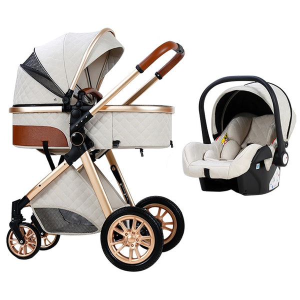 V9 Baby Pram Stroller - 3 Function Foldable Baby Pram with Car Seat- White