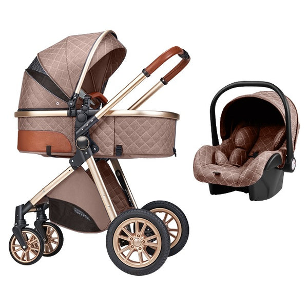 V9 Baby Pram Stroller - 3 Function Foldable Baby Pram with Car Seat- Brown