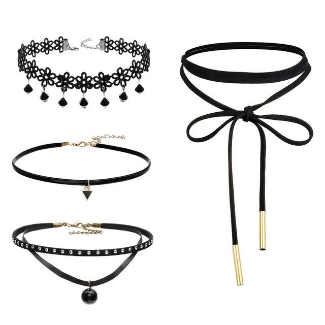 4 Piece Ladies Black Velvet Choker Necklace Sets