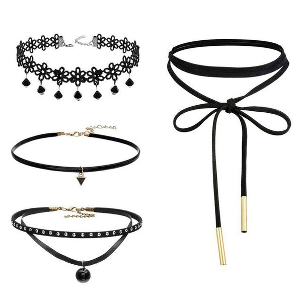 4 Piece Ladies Black Velvet Choker Necklace Sets