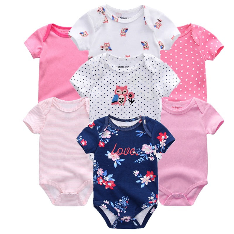 Babies Short Sleeve Rompers (0-3 and 3-6 months mixed set) - 7pc Set - Pink and Floral