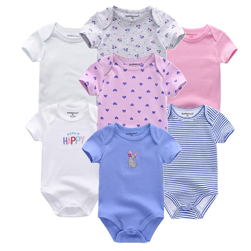 Babies Short Sleeve Rompers (0-3 months) - 7pc Set - Pink and Blue