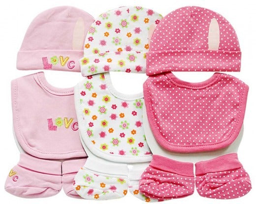 9PC Beanie and Booties and Bibs (0-6 months) - Pink