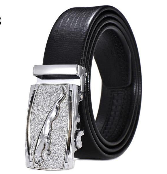 Genuine Leather Automatic Buckle Formal Belt - Silver Black