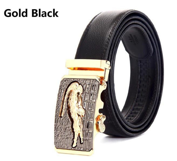Genuine Leather Automatic Buckle Formal Belt - Gold Black