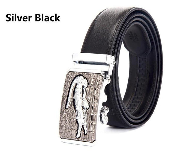 Genuine Leather Automatic Buckle Formal Belt - Silver Black