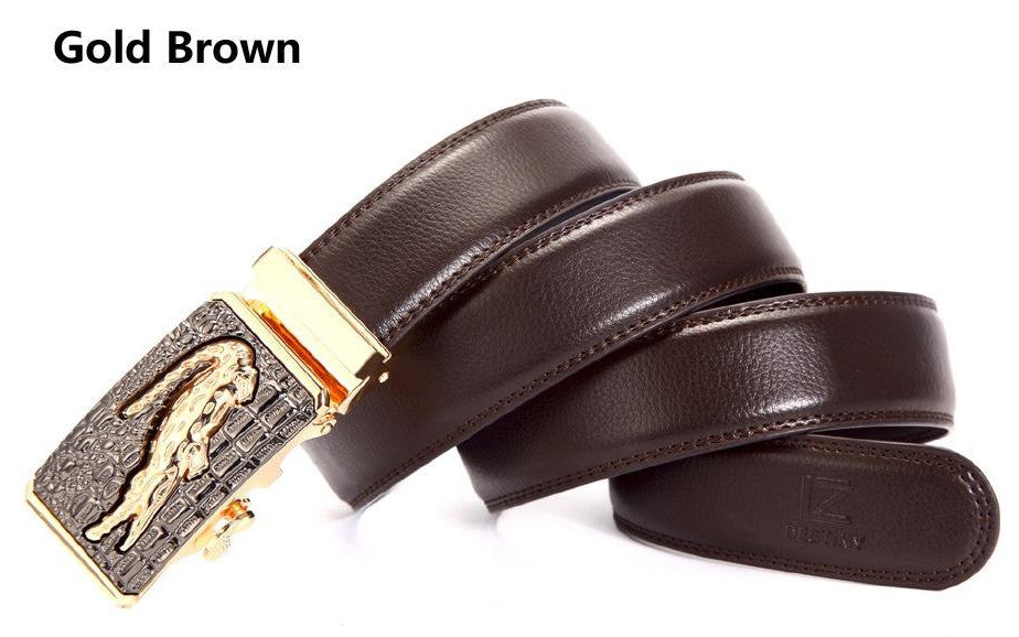 Genuine Leather Automatic Buckle Formal Belt - Gold Brown