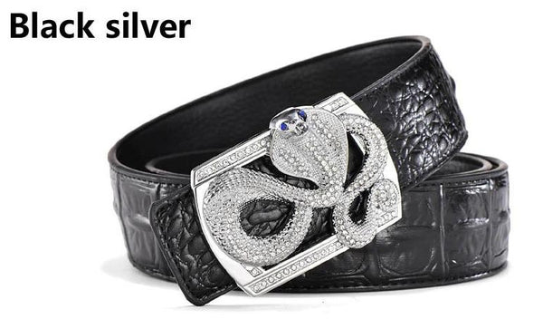 Genuine Leather Belt - Snake Buckle - Black Silver
