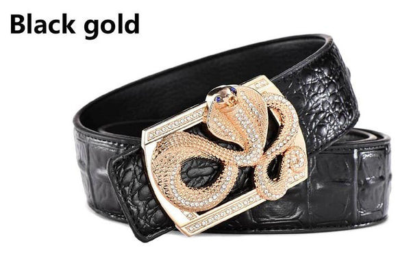 Genuine Leather Belt - Snake Buckle - Black Gold