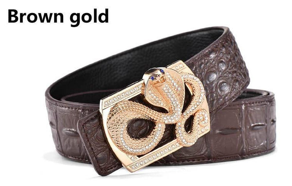 Genuine Leather Belt - Snake Buckle - Brown Gold