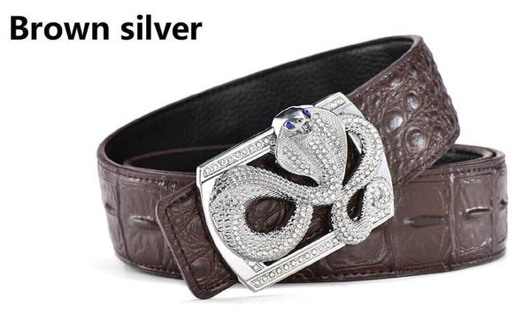 Genuine Leather Belt - Snake Buckle - Brown Silver