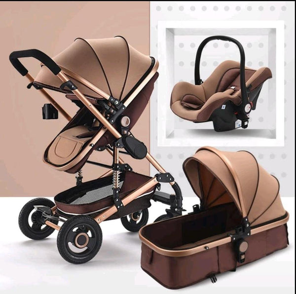 Baby Pram Stroller - 3 Function Foldable Baby Pram with Car Seat- Khaki Chocolate