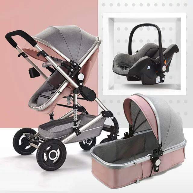 Baby Pram Stroller - 3 Function Foldable Baby Pram with Car Seat- Pink and Grey
