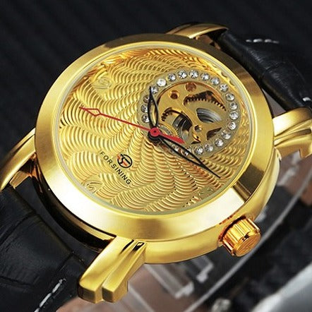 Men's Automatic Skeleton Mechanical Watches Crystal Face -  Genuine Leather Band - Gold