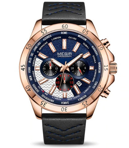 Men's Chronograph Watch (2103) - Megir Blue Rose Gold